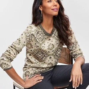 JM Collection Cream and Brown Crew Neck Sweater
